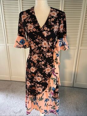 Spense Black and Peach Floral Wrap Midi Dress